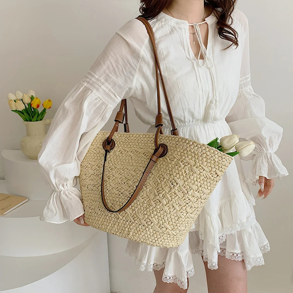 Women Woven Tote Bag Fashion Shoulder Bag Large Capacity Summer Beach Bags Simple Woven Handbag Chic Hobo Bag for Outdoor Travel