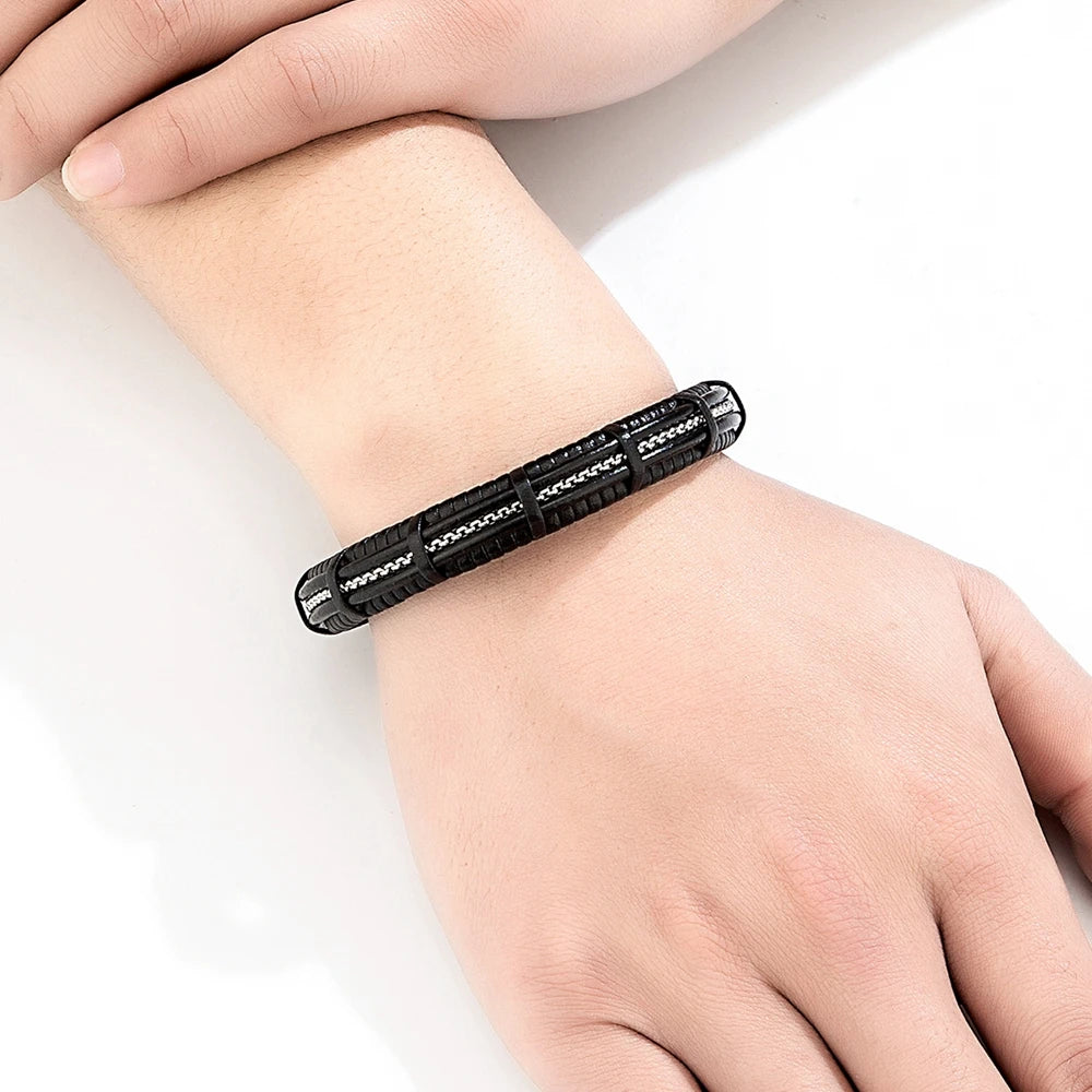 XQNI Stainless Steel Leather Bracelet For Mens Chain Charm Jewelry Magnetic Clasp Bangle for Dad Boyfriend Lover Birthday Gifts