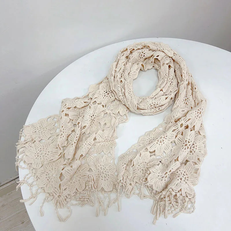 Lace Crocheted Knitted Shawl Women Fashion Ivory Solid Cotton Lace Scarf 40*190cm