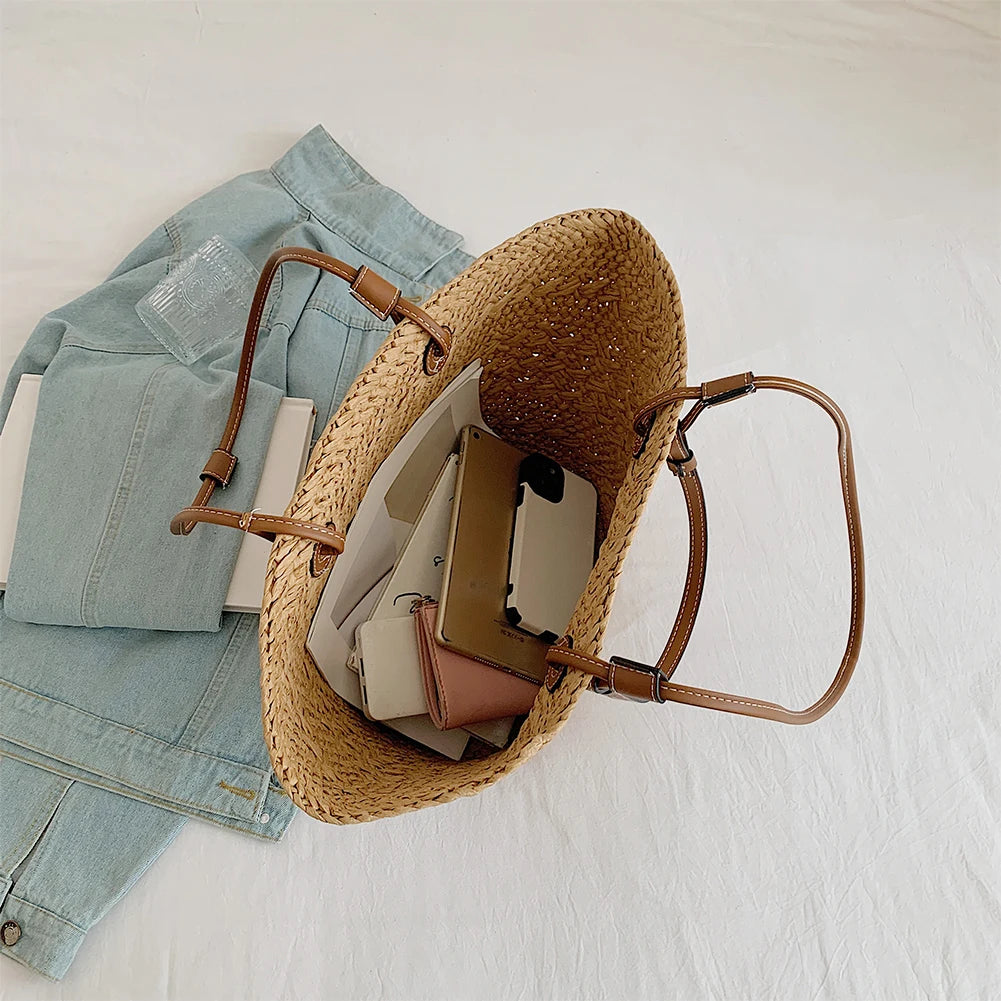 Women Woven Tote Bag Fashion Shoulder Bag Large Capacity Summer Beach Bags Simple Woven Handbag Chic Hobo Bag for Outdoor Travel