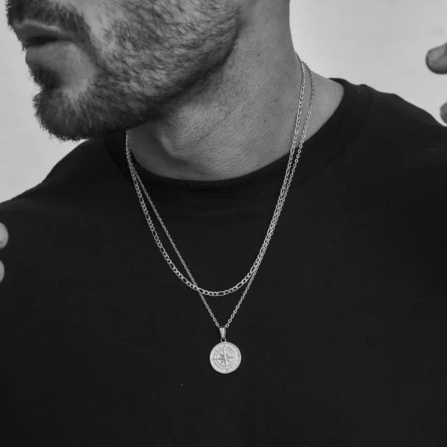 Layered Necklaces for Men Sailing Travel Compass Pendant Stainless Steel Cuban Figaro Wheat Chain Casual Retro Collar