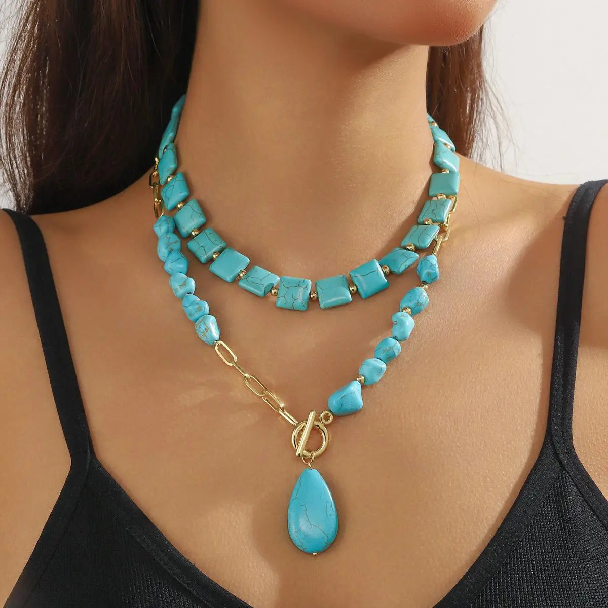 Available Necklace for Women Natural Turquoise Beaded Jewelry Double Teardrop Pendant Turquoise Beautiful Elegant Necklace