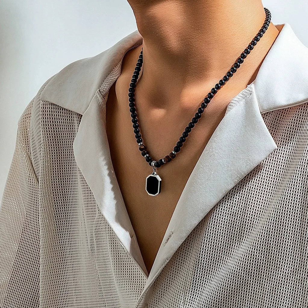 Black Beads with Square Pendant Necklace for Men Trendy Accessories on The Neck Collar 2025 Fashion Jewelry Male Decoration