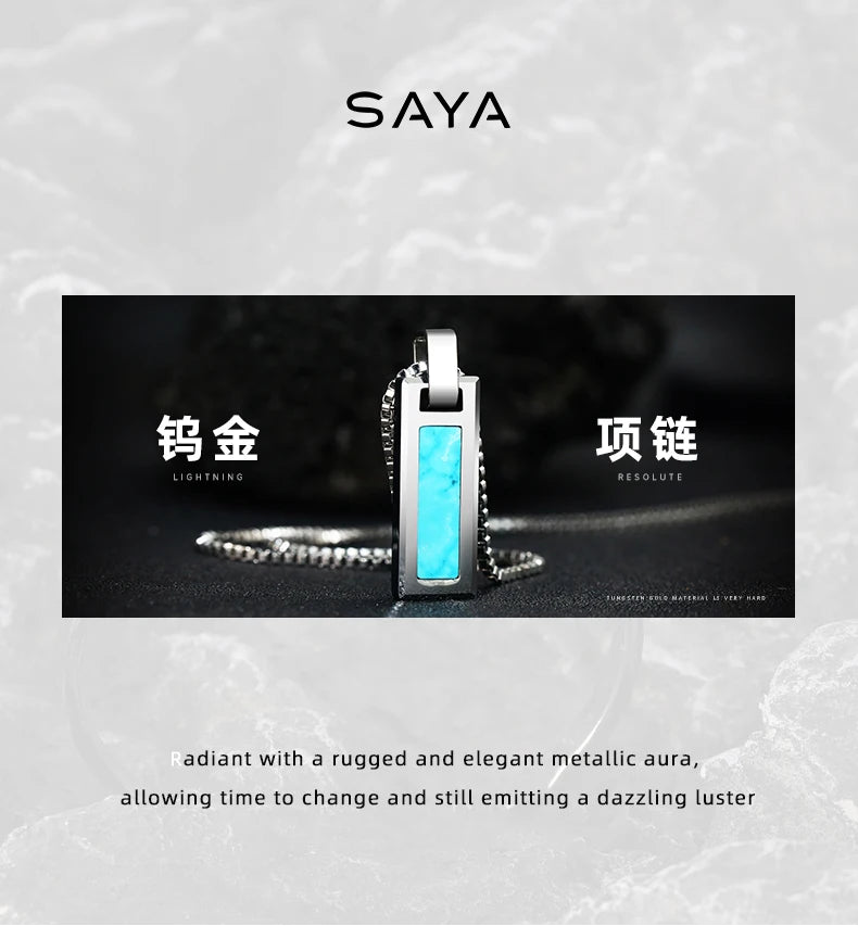 Necklace for Men Natural Turquoise Pendant High end Trendy Brand Tungsten Black Agate Fashion Versatile，Engraving