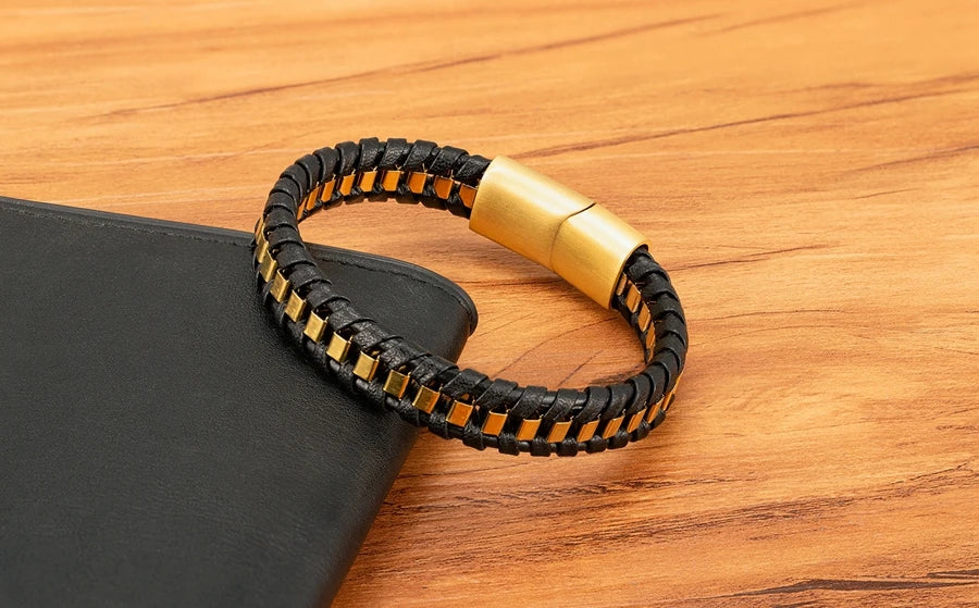 XQNI Stainless Steel Leather Bracelet For Mens Chain Charm Jewelry Magnetic Clasp Bangle for Dad Boyfriend Lover Birthday Gifts