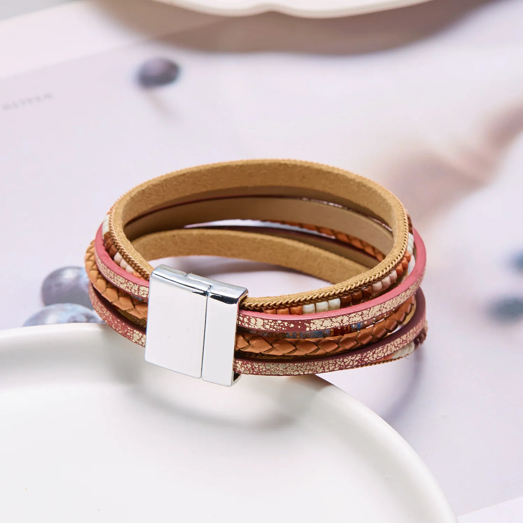 Multilayer Brown Leather Bracelet For Women Fashion Creative Bohemian Handmade Woven Magnetic Clasp Bracelet Jewelry Gift