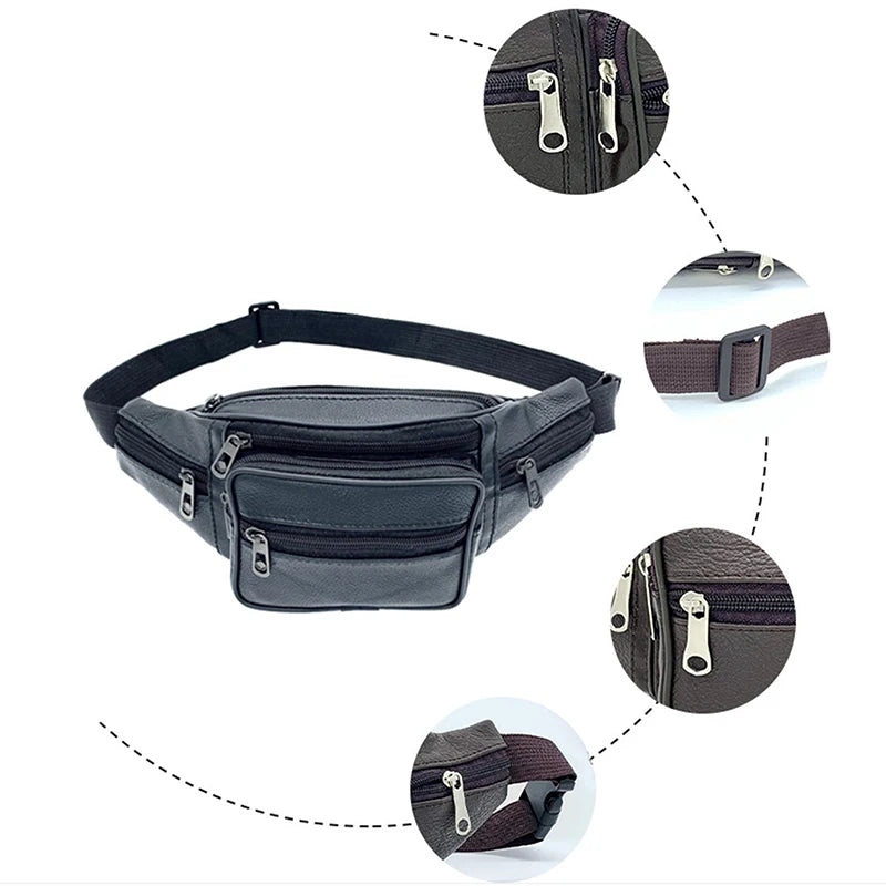 Fashion Men Leather Fanny Bag for Phone Pouch Male Leather Messenger Bags Brand Fanny Pack Male Travel Waist Bag