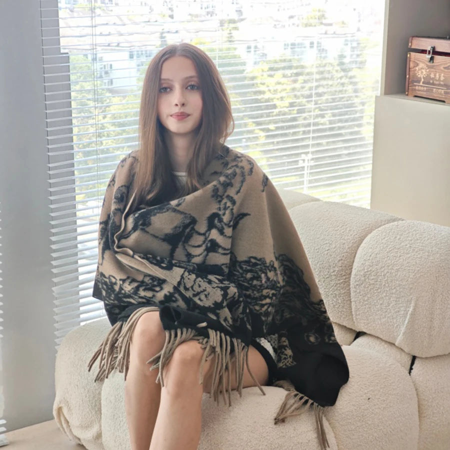 Women's Shawl Vintage Pattern (Beige/Black) Fringe Decor Soft Warm for Autumn Winter Daily Home Casual Fashion Accessory