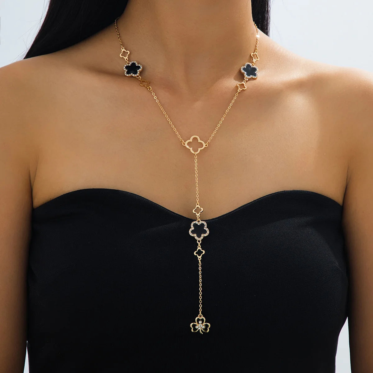 Necklace For Women Girls Oil Drop Flower Clover Y Sweater Chain Banquet Party Holiday Fashion Jewelry CN068