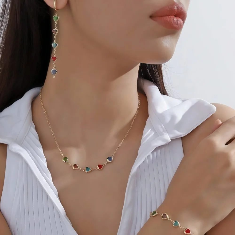 3Pcs Jewellery Set Elegant Colorful Crystal Heart Necklaces Bracelets Earrings for Women Party Wedding Girl Wrist Jewelry Gift
