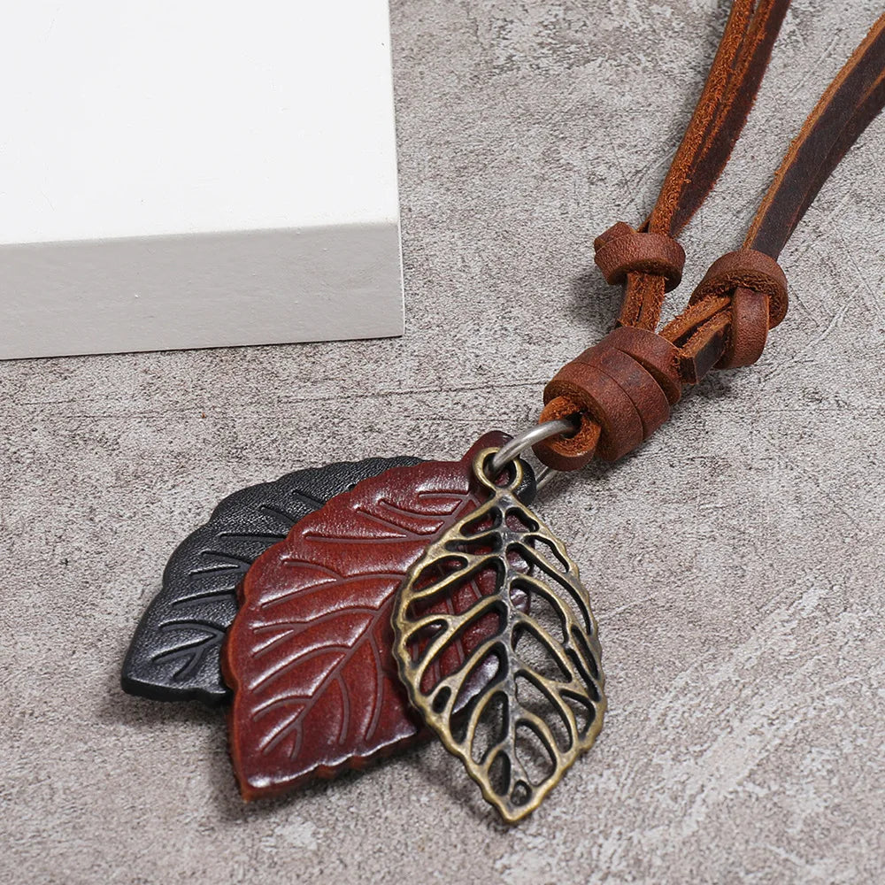 Men's Leather Braided Rope Chain Necklace Vintage Handmade Leaf Pendant Adjust Choker NecK Jewelry