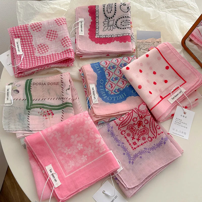 Women's Silk Scarf Fresh Breathable Soft Artistic Decorative Small Silk Scarf Retro Versatile Floral Cotton Linen Square Scarf
