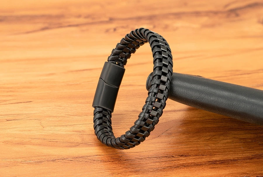 XQNI Stainless Steel Leather Bracelet For Mens Chain Charm Jewelry Magnetic Clasp Bangle for Dad Boyfriend Lover Birthday Gifts