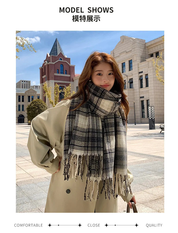 Women's Fashion Scarf New Sweet Style Sacrf Autumn Winter Checkered Scarf New Versatile Warm Couple's Scarf Shawl Korean Style