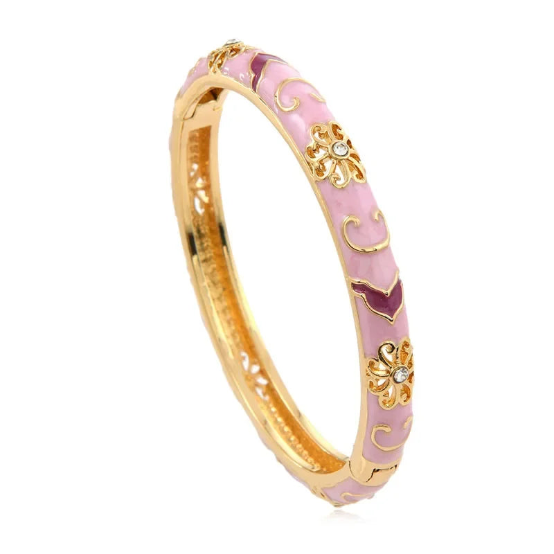 Bracelets for Women Enamel Flowers Inlaid with Zircon Metal Girls Retro Gold Chinese Viking Cuff Bracelet Jewelry Party Gift