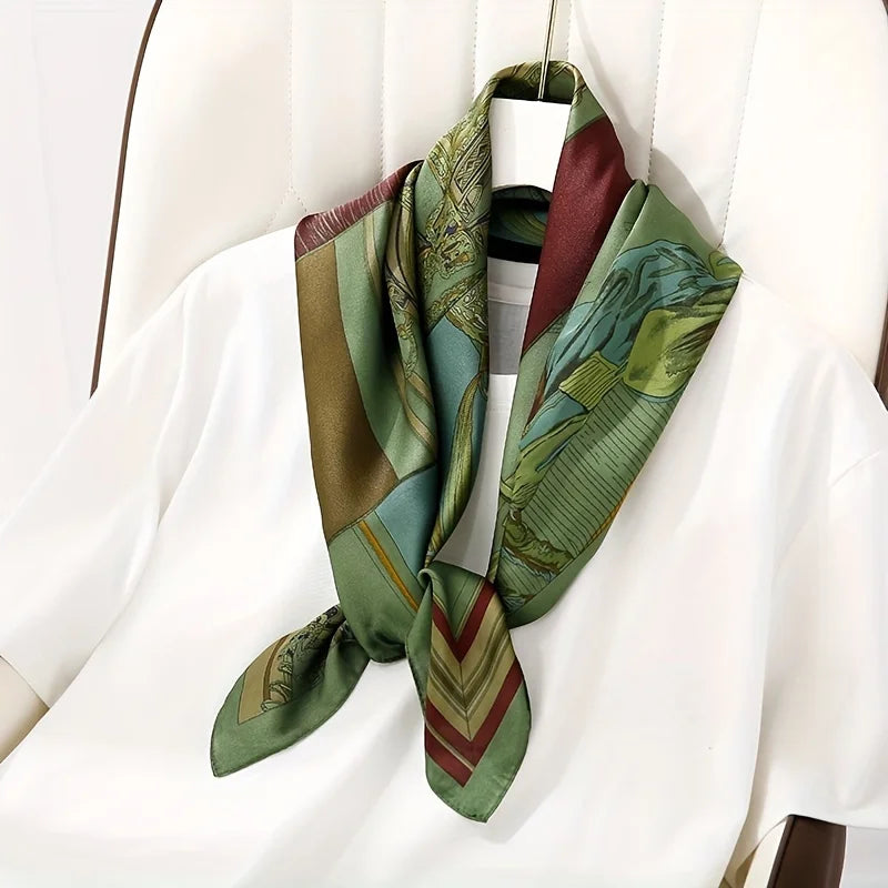 Women's Fashion Soft Satin Scarf Vintage Style Versatile Green Square Scarf Lightweight Shawl Windproof Sun Protection Hairbands