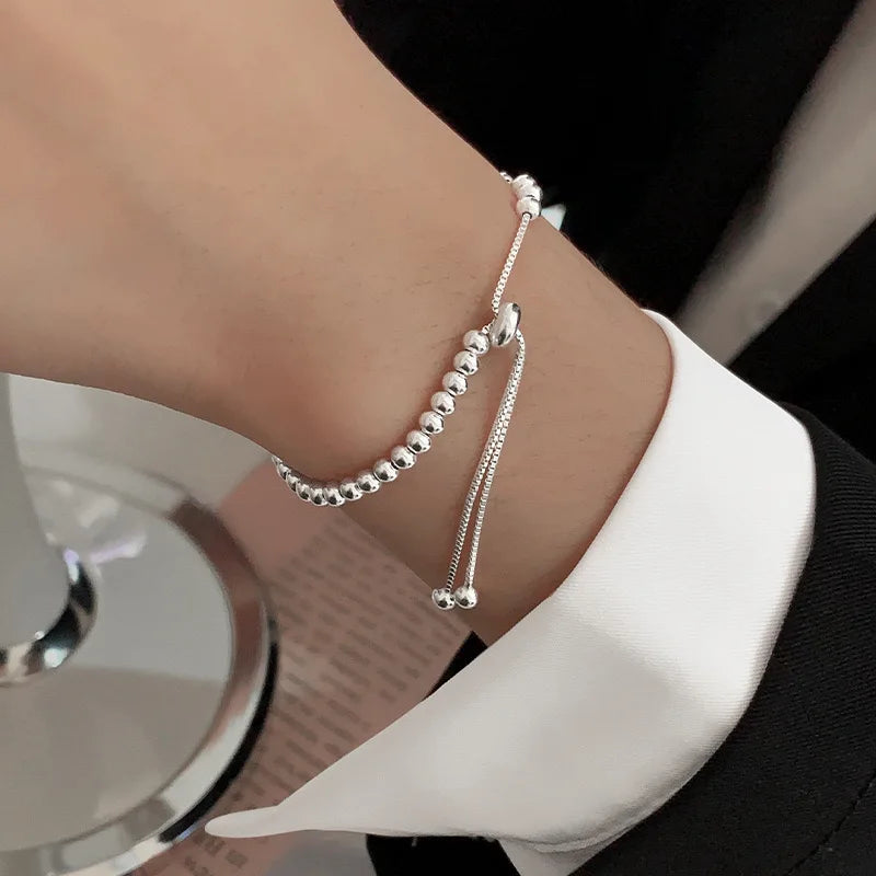 100% Solid 925 Sterling Silver Metal Bracelets for Women Men Beads Adjuatable Handmade Simple Bracelet Birthday Christmas Gift