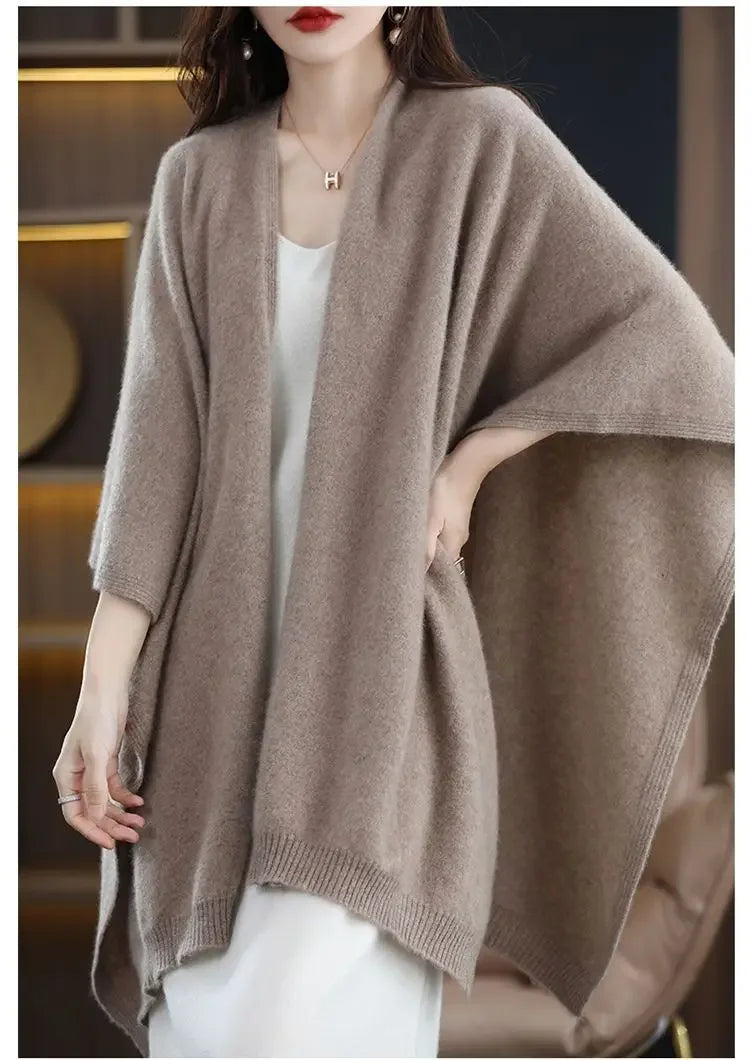 Shawl Cape Sweater Cardigan Women's 2024 Spring and Autumn New Style Outerwear Loose Knit Sweater Jacket Medium Long Style
