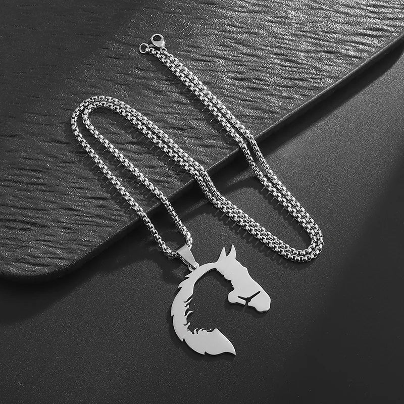 men's Necklace Hollowed Out Horsehead And Girl Pendant hip-hop Silver Color Stainless Steel Chain Personality Rock Jewelry Gifts