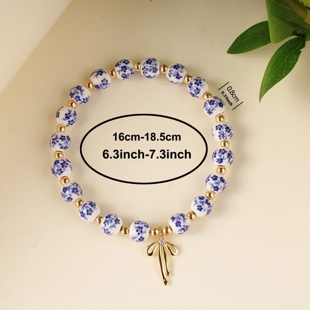 gold jewelry bow bracelets for women blue and white porcelain ceramics beaded bangles jewellery pulseras
