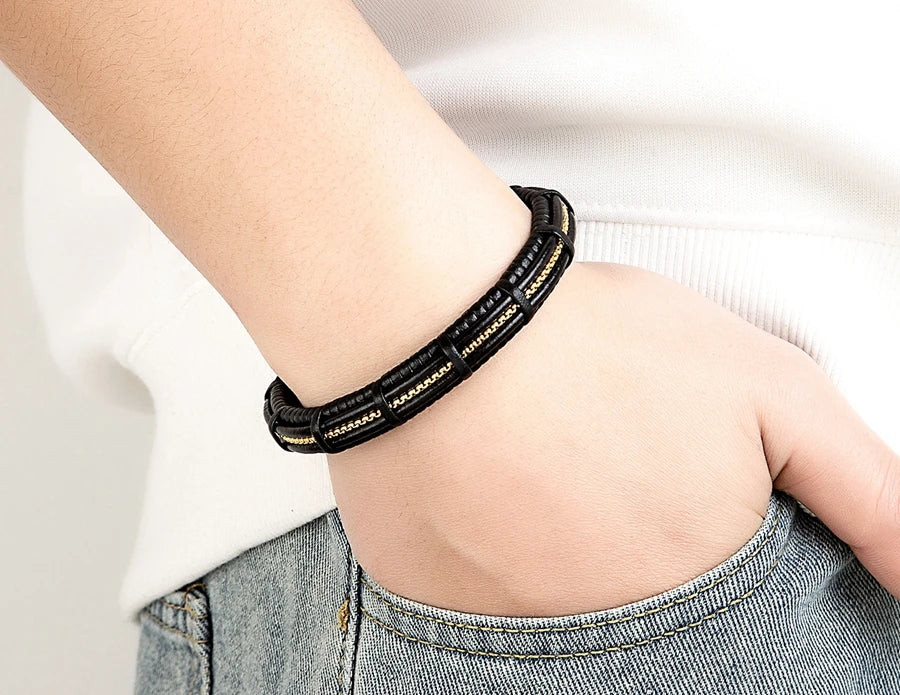 XQNI Stainless Steel Leather Bracelet For Mens Chain Charm Jewelry Magnetic Clasp Bangle for Dad Boyfriend Lover Birthday Gifts