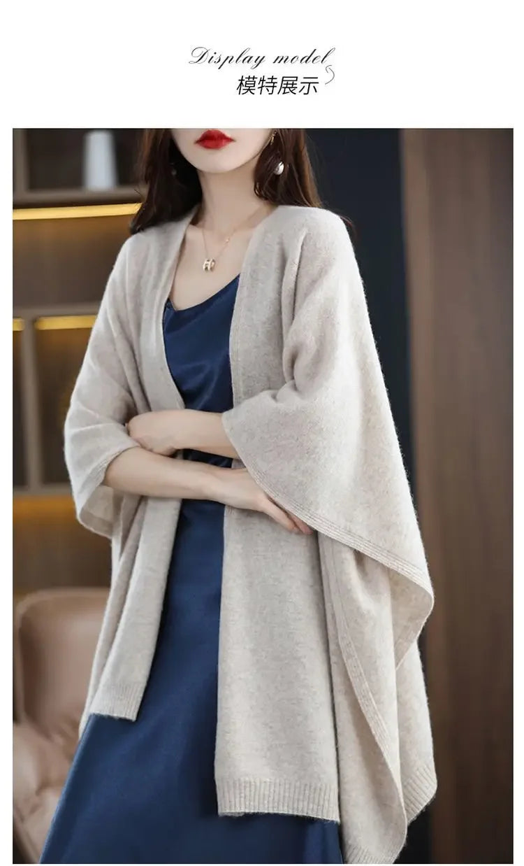 Shawl Cape Sweater Cardigan Women's 2024 Spring and Autumn New Style Outerwear Loose Knit Sweater Jacket Medium Long Style
