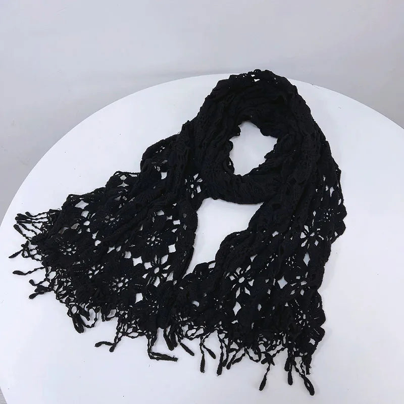Lace Crocheted Knitted Shawl Women Fashion Ivory Solid Cotton Lace Scarf 40*190cm