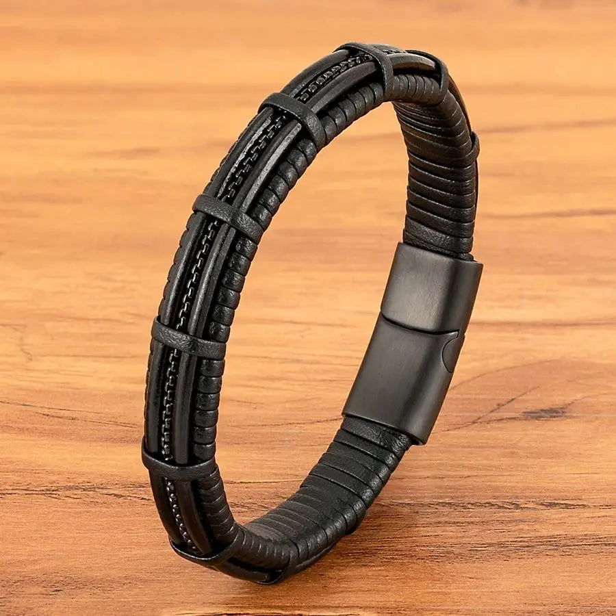 XQNI Stainless Steel Leather Bracelet For Mens Chain Charm Jewelry Magnetic Clasp Bangle for Dad Boyfriend Lover Birthday Gifts