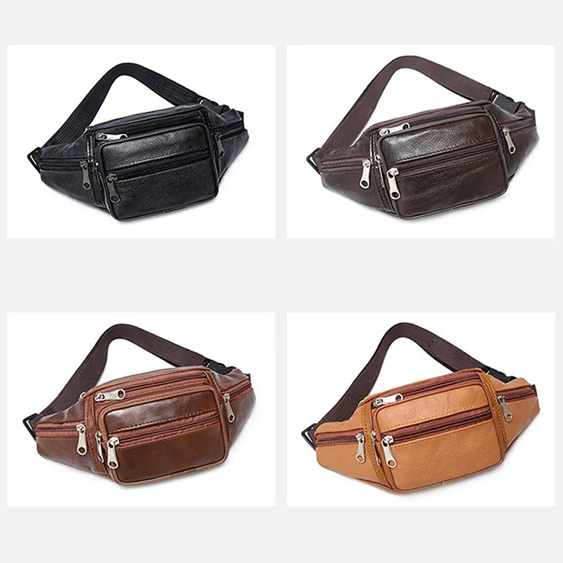 Fashion Men Leather Fanny Bag for Phone Pouch Male Leather Messenger Bags Brand Fanny Pack Male Travel Waist Bag