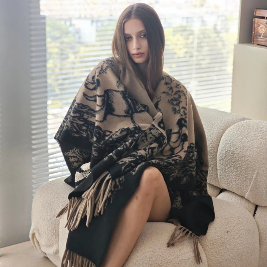 Women's Shawl Vintage Pattern (Beige/Black) Fringe Decor Soft Warm for Autumn Winter Daily Home Casual Fashion Accessory