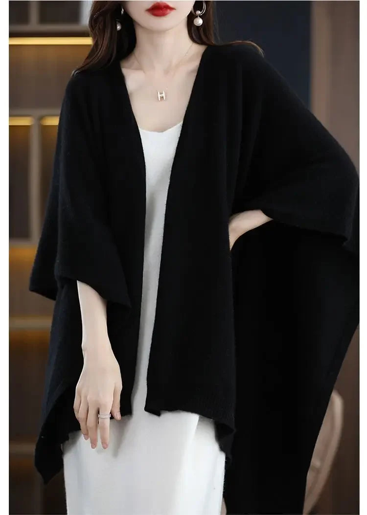 Shawl Cape Sweater Cardigan Women's 2024 Spring and Autumn New Style Outerwear Loose Knit Sweater Jacket Medium Long Style
