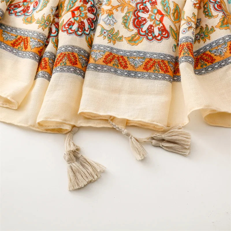 Travel Vacation Shawl Red Flower Retro Ethnic Style Scarf Cotton And Linen Clothing Accessories For Women