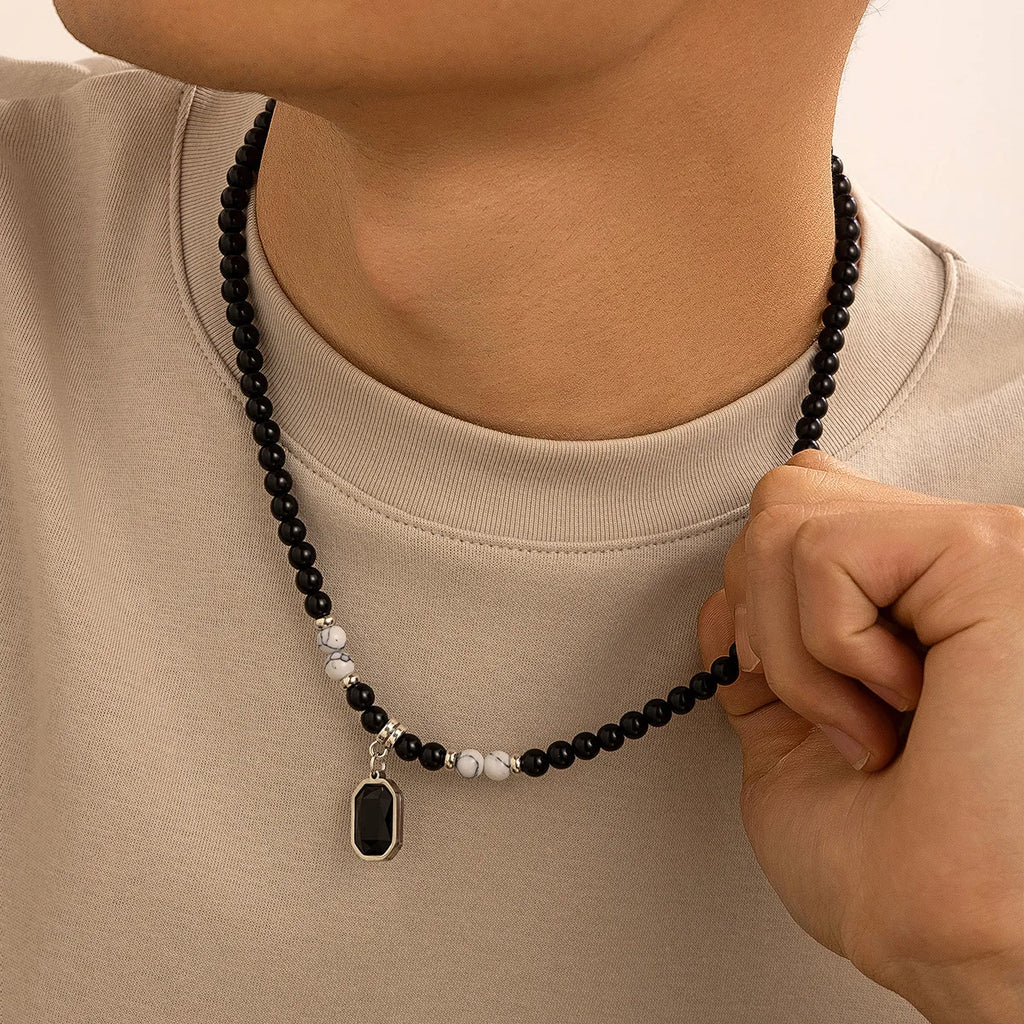 Black Beads with Square Pendant Necklace for Men Trendy Accessories on The Neck Collar 2025 Fashion Jewelry Male Decoration