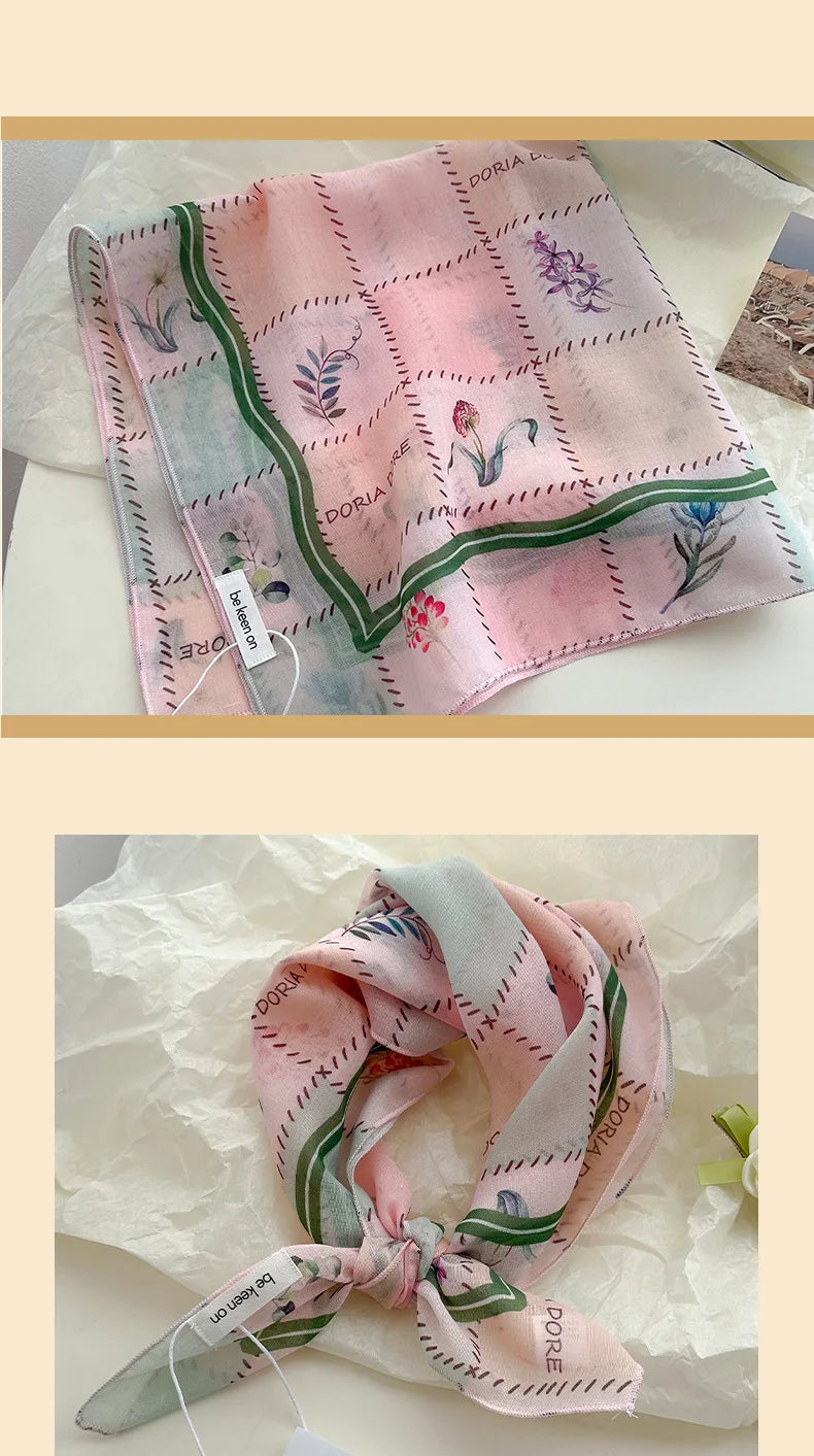 Women's Silk Scarf Fresh Breathable Soft Artistic Decorative Small Silk Scarf Retro Versatile Floral Cotton Linen Square Scarf