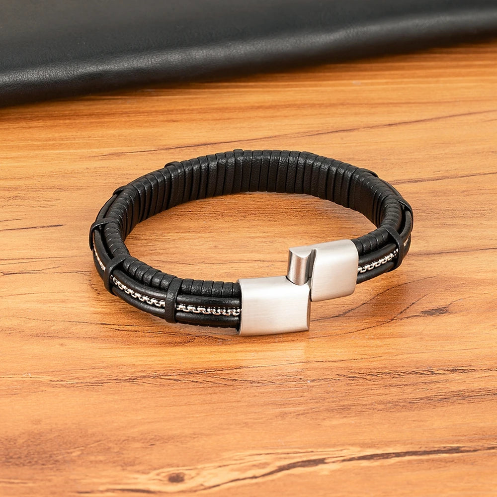XQNI Stainless Steel Leather Bracelet For Mens Chain Charm Jewelry Magnetic Clasp Bangle for Dad Boyfriend Lover Birthday Gifts