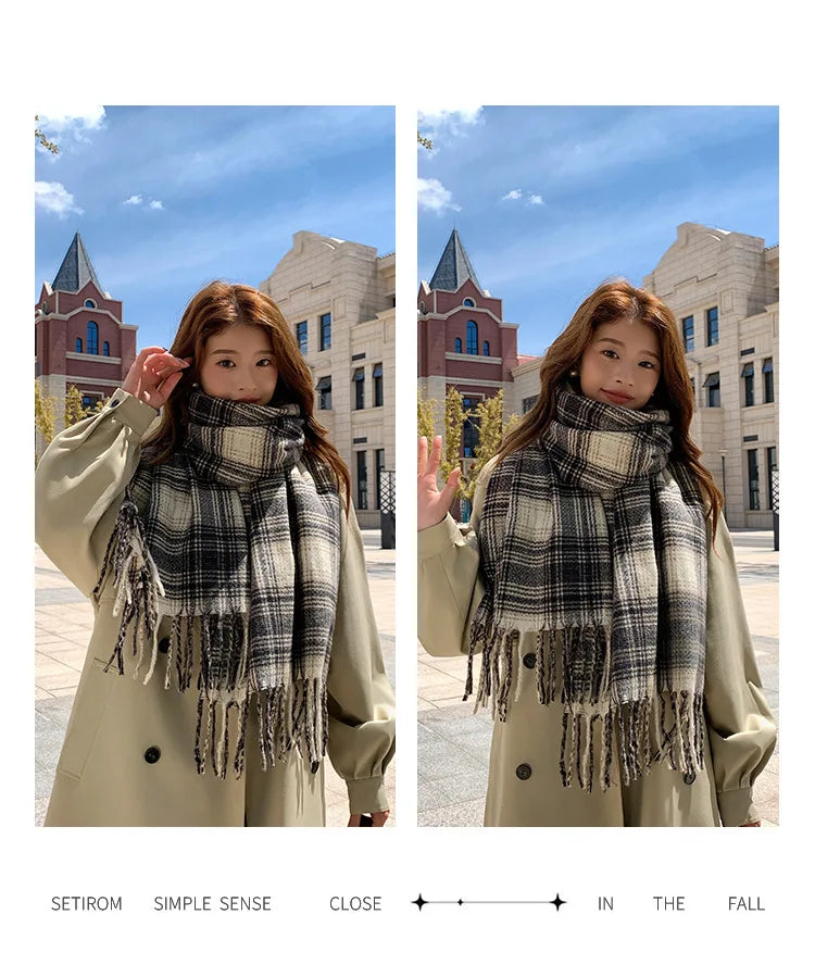 Women's Fashion Scarf New Sweet Style Sacrf Autumn Winter Checkered Scarf New Versatile Warm Couple's Scarf Shawl Korean Style