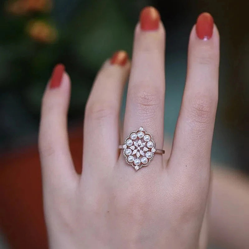 Vintage Fine Jewelry Daily Silver Jewelry Pearl rings for women luxury and exquisite temperament elegant gift adjusted