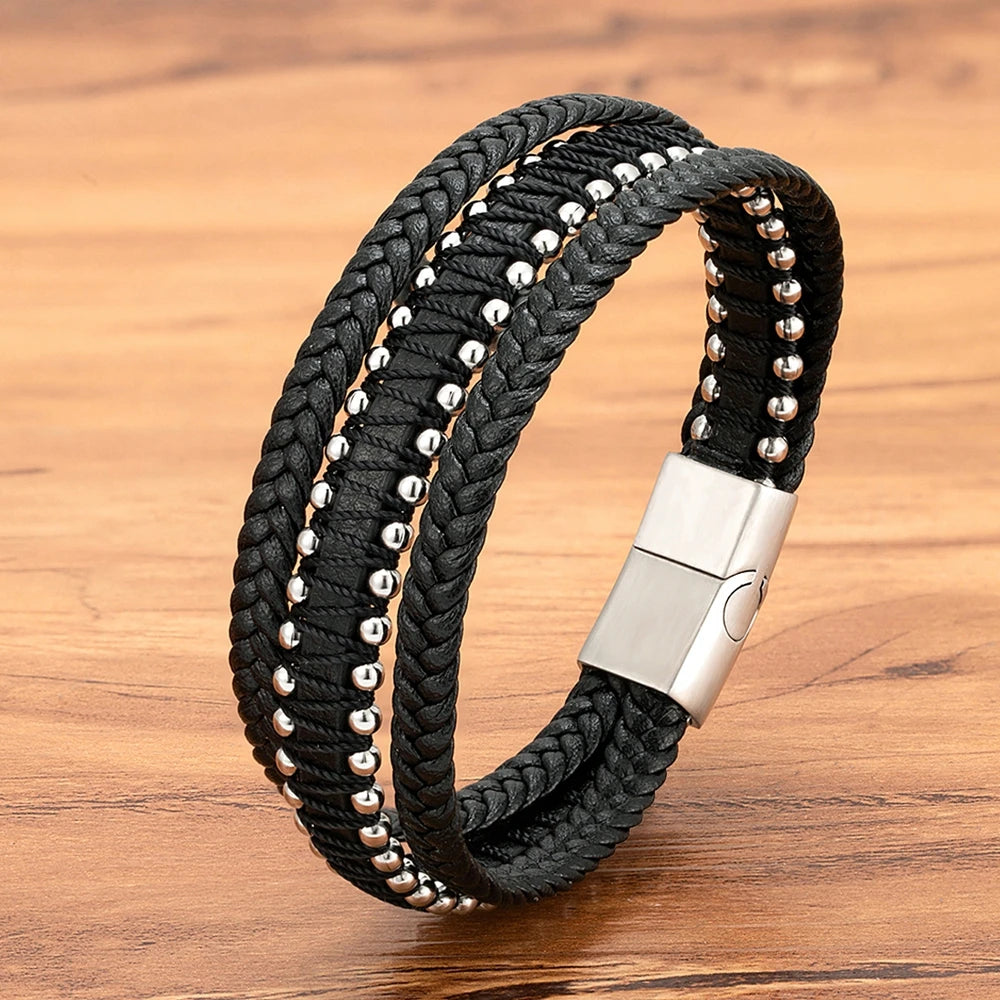 XQNI Stainless Steel Leather Bracelet For Mens Chain Charm Jewelry Magnetic Clasp Bangle for Dad Boyfriend Lover Birthday Gifts