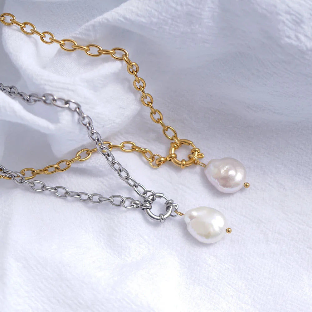 Natural Pearl Necklace For Women Stainless Steel Sailor Clasp Choker Gold/Silver Color Metal Rolo Chian Femme Stone Collier