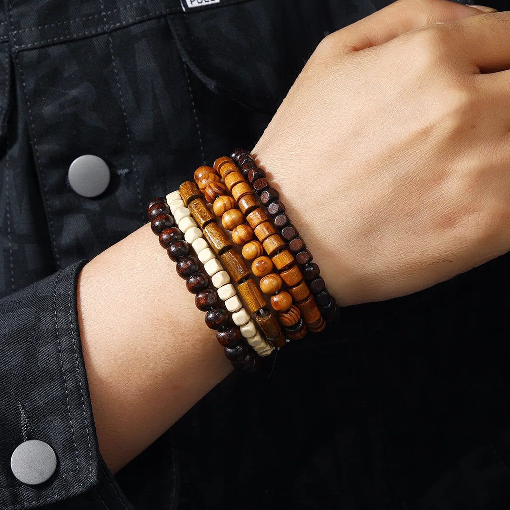 Men Retro Folk Style Jewelry Design Diverse Multi-color Multi-layer Suit Wooden Beads Elastic Bracelet  Jewelry For Men