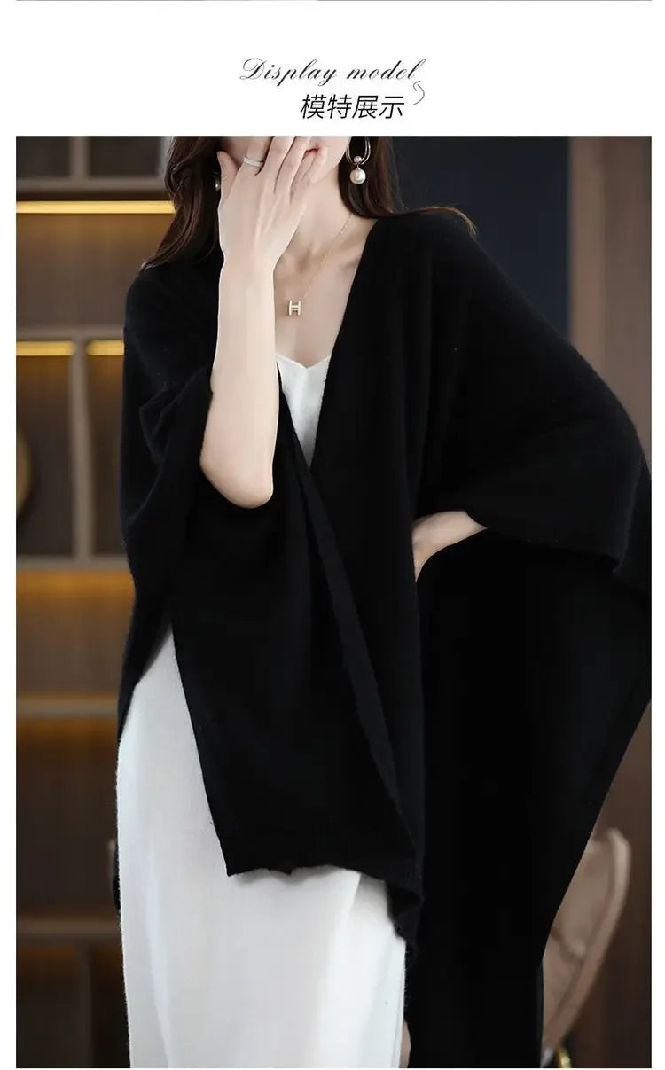 Shawl Cape Sweater Cardigan Women's 2024 Spring and Autumn New Style Outerwear Loose Knit Sweater Jacket Medium Long Style