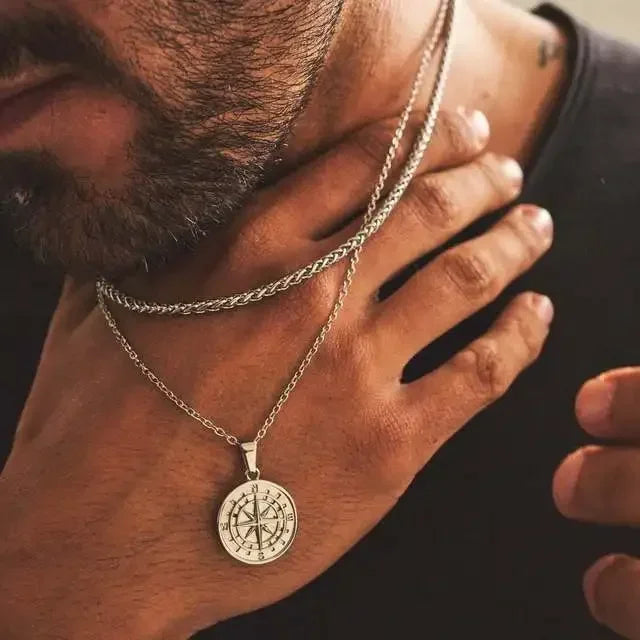Layered Necklaces for Men Sailing Travel Compass Pendant Stainless Steel Cuban Figaro Wheat Chain Casual Retro Collar