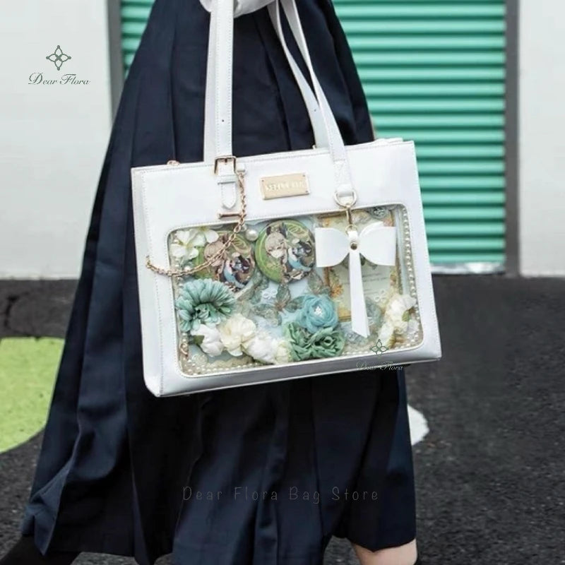 Women's Fashion Bow Ita Bag Fashion Tote Bag Sweet Girl Transparent Crossbody Bag Lolita Shoulder Bag DIY Display Badge Handbags