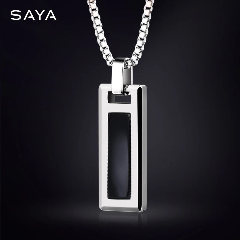 Necklace for Men Natural Turquoise Pendant High end Trendy Brand Tungsten Black Agate Fashion Versatile，Engraving