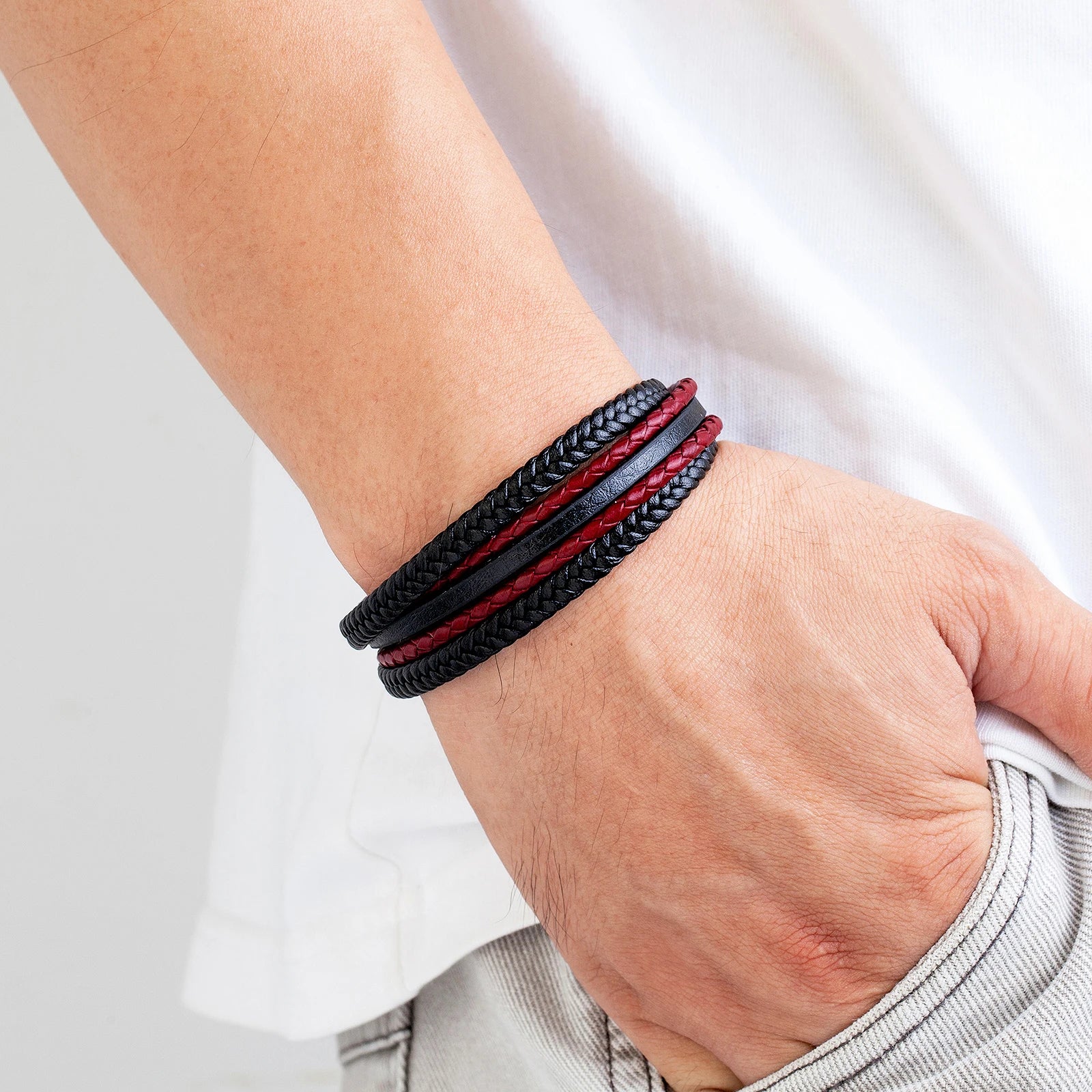 Classic Multilayer Weave Rope Men's Wrap Bracelet Vintage Black Red Genuine Leather Bracelet On Hand Male Wristband Jewelry