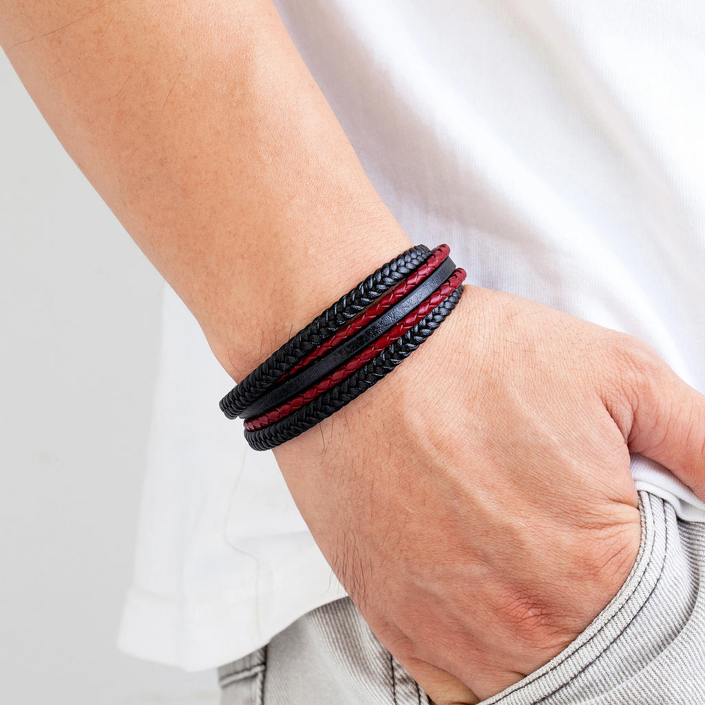 Classic Multilayer Weave Rope Men's Wrap Bracelet Vintage Black Red Genuine Leather Bracelet On Hand Male Wristband Jewelry