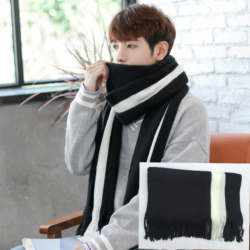 Simple Men's Scarf Autumn and Winter Warm Thickened Woolen Scarf Fashionable Versatile Neck Warm Neckerchief Striped Color Block