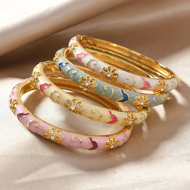 Bracelets for Women Enamel Flowers Inlaid with Zircon Metal Girls Retro Gold Chinese Viking Cuff Bracelet Jewelry Party Gift