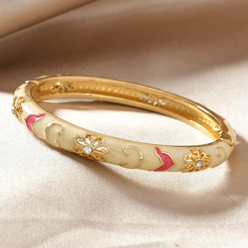 Bracelets for Women Enamel Flowers Inlaid with Zircon Metal Girls Retro Gold Chinese Viking Cuff Bracelet Jewelry Party Gift