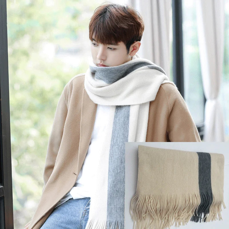 Simple Men's Scarf Autumn and Winter Warm Thickened Woolen Scarf Fashionable Versatile Neck Warm Neckerchief Striped Color Block